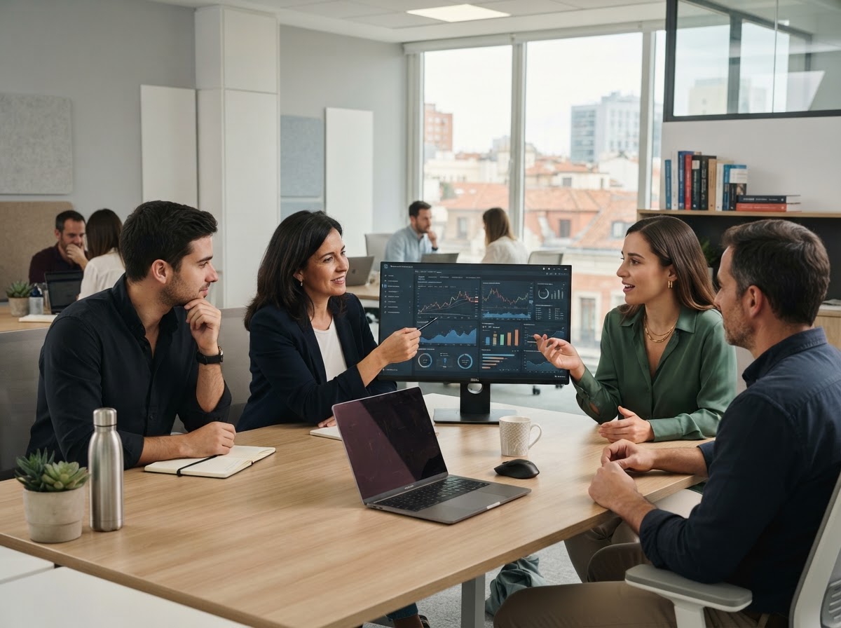 Peral Invervía: equipo analizando paneles de datos financieros en un entorno de trabajo
